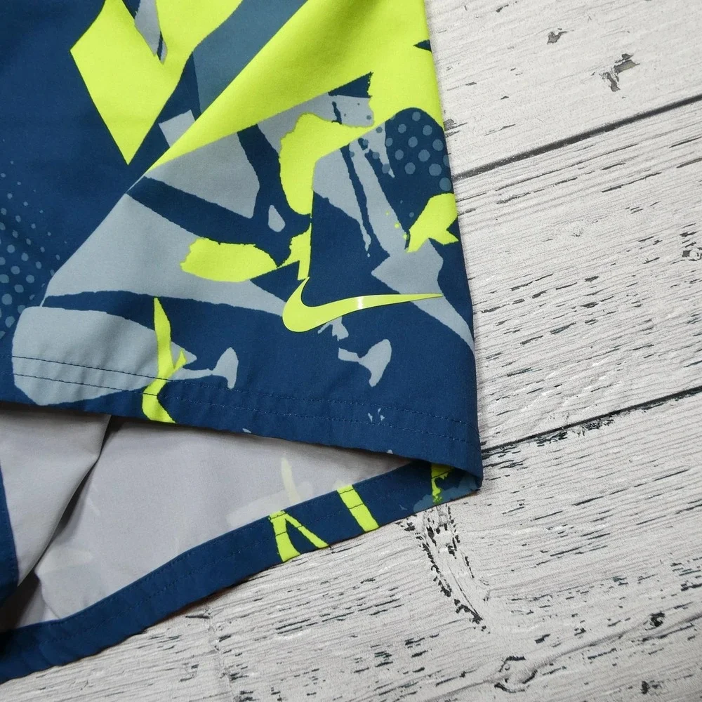 Nike‎ Swim Trunks Shorts Youth Large Blue Gray Neon Yellow Drawstring Mesh Lined